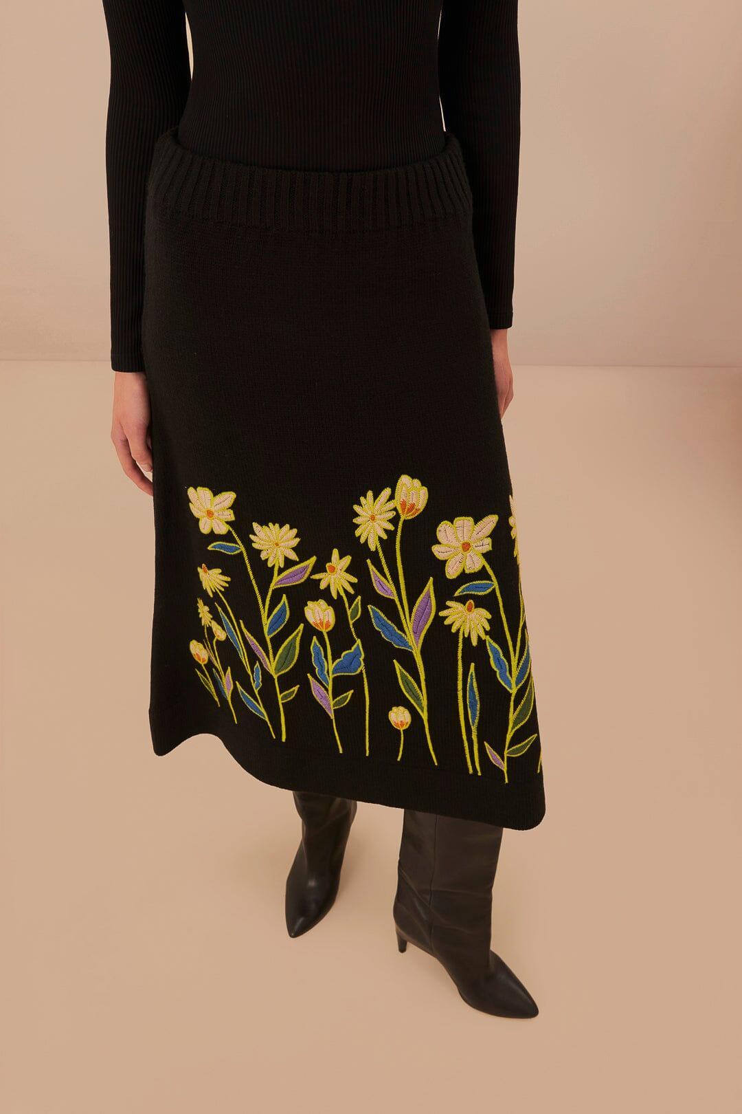 Black Farm Rio Flowers Embroidered Knit Skirt, BLACK / M Product Image