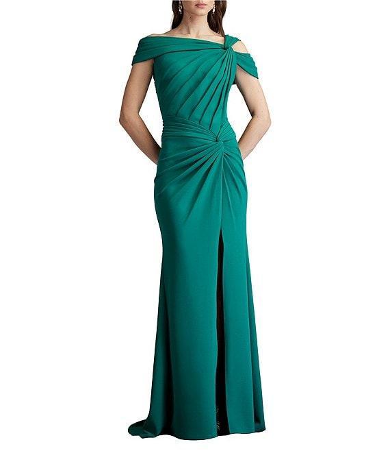 Tadashi Shoji Crepe Asymmetrical Neck Cold Shoulder Cap Sleeve Pleated Gown Product Image