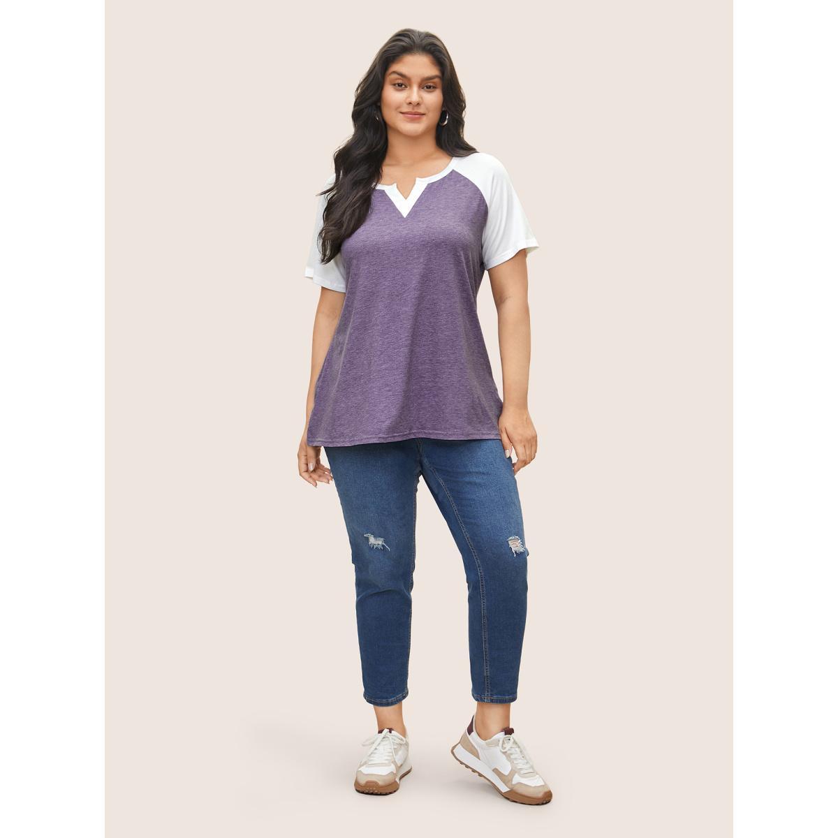 Plus Size Colorblock Contrast Notched Raglan Sleeve T-shirt Mauve Women Casual Plain Everyday T-shirts BloomChic 12/L Product Image