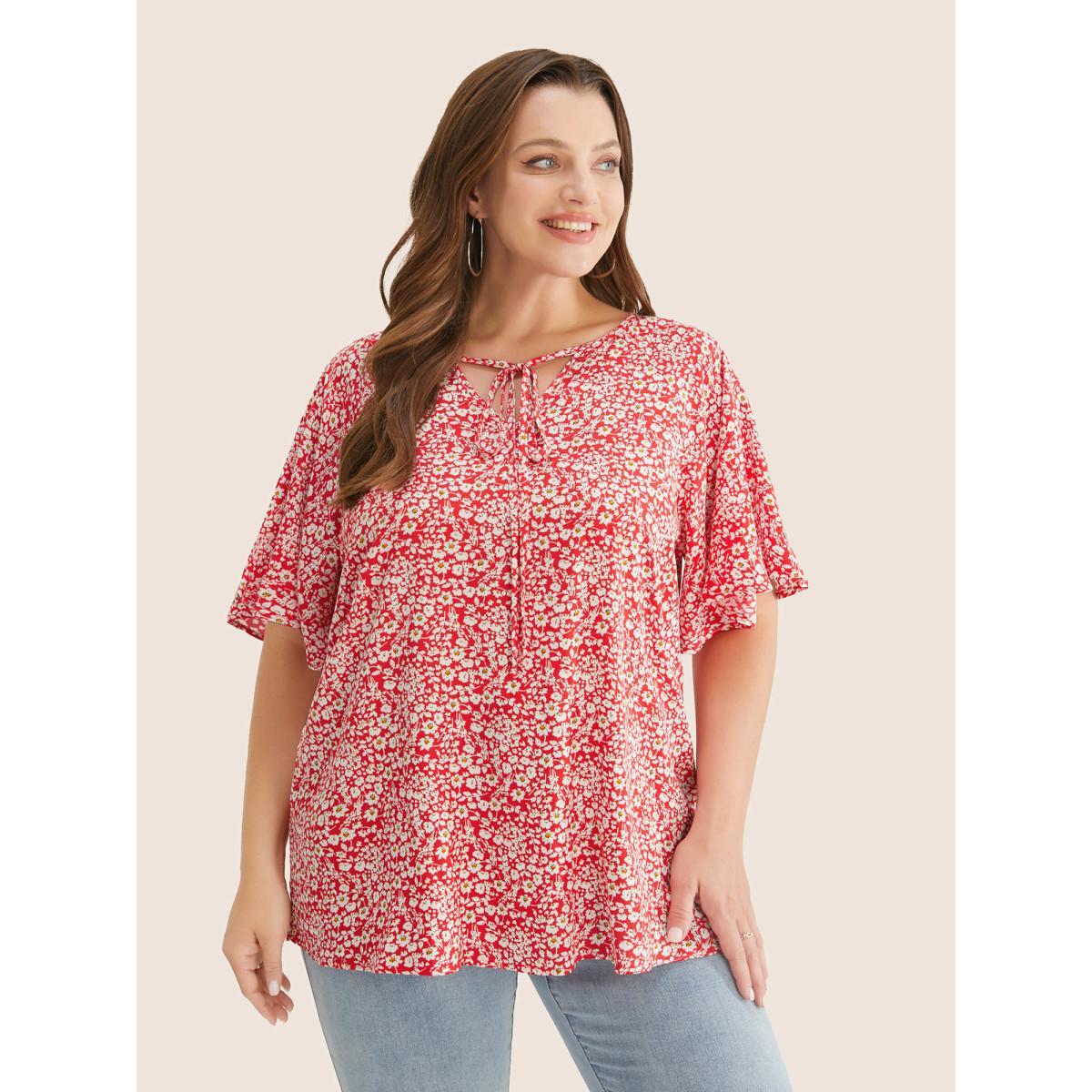 Plus Size Crimson Ditsy Floral Ruffle Sleeve Tie Neck Blouse Women Elegant Short sleeve V-neck Everyday Blouses BloomChic 12/L Product Image