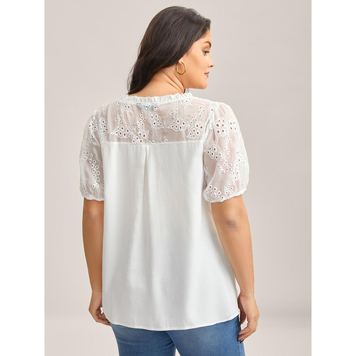 Plus Size Originalwhite Eyelet Trim Sheer Button Detail Blouse Women Short sleeve Notched collar Everyday-Elegant Blouses BloomChic 12/L Product Image