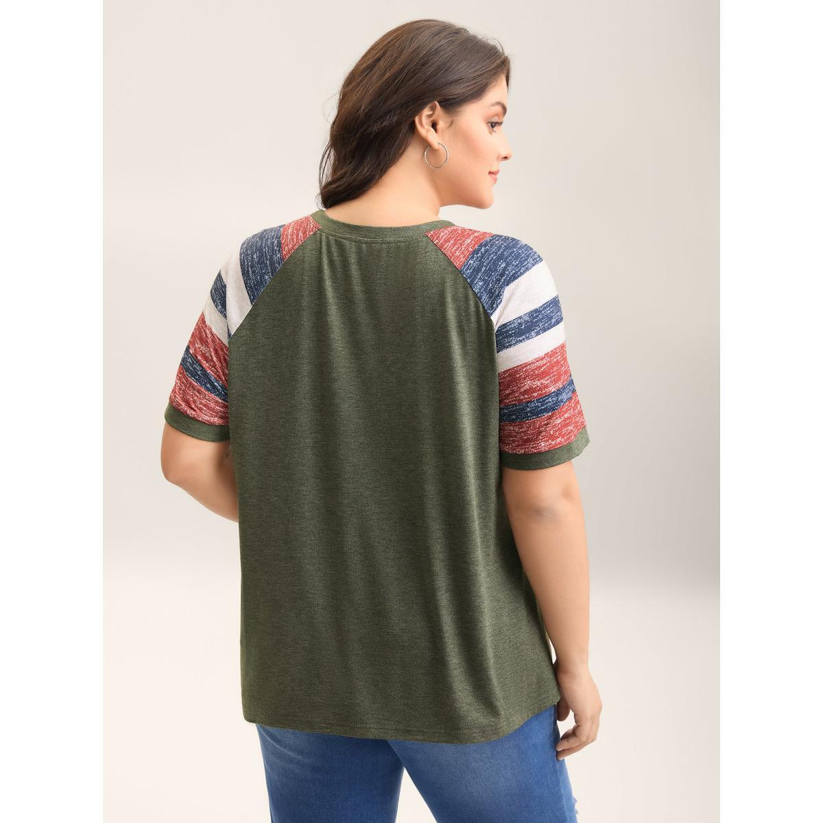 Plus Size Striped Raglan Sleeve Plain T-Shirt ArmyGreen Women Casual Contrast Round Neck Everyday-Casual T-shirts BloomChic 26/4X Product Image
