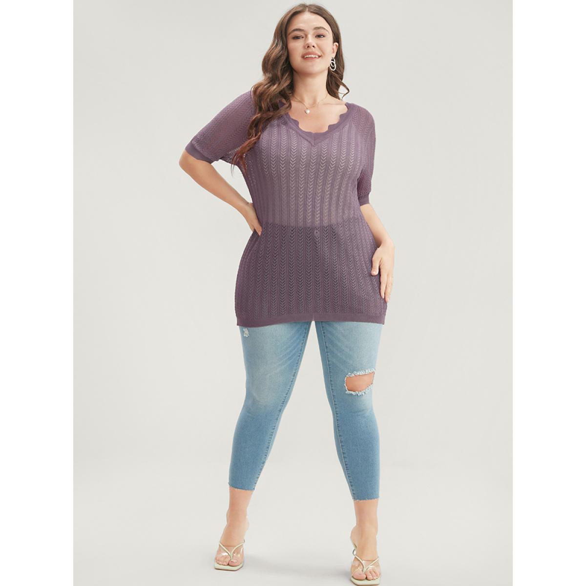 Plus Size Plain Geometric Lace Trim V Neck Knit Top Heather Women Casual Short sleeve V-neck Dailywear Pullovers BloomChic 26/4X Product Image