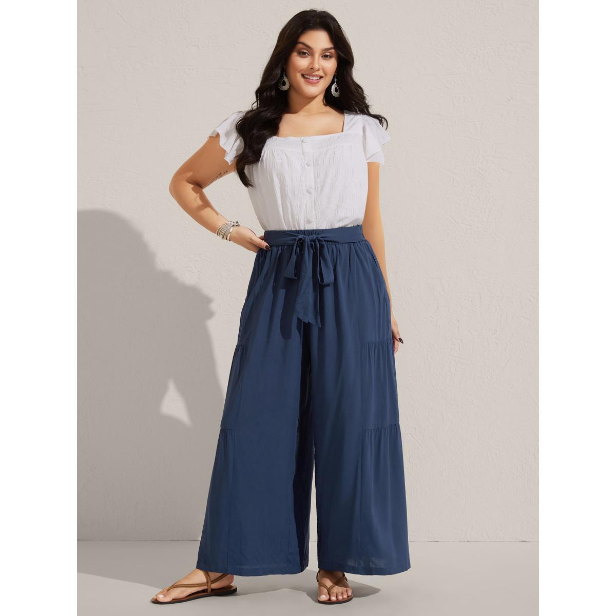 Plus Size Rayon Belted Solid Wide-Leg Pants Women Indigo Resort Wide Leg Mid Rise Vacation Pants BloomChic 28/5X Product Image