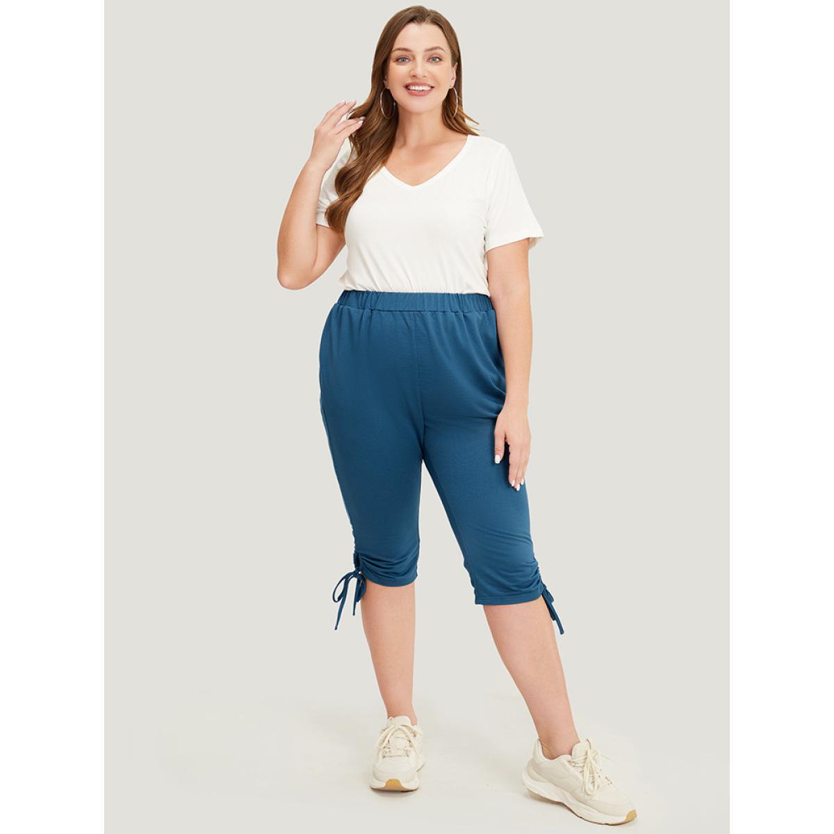 Plus Size Solid Pocket Ruched Drawstring Hem Knee Pants Women Aegean Casual High Rise Dailywear Pants BloomChic 14-16/1X Product Image