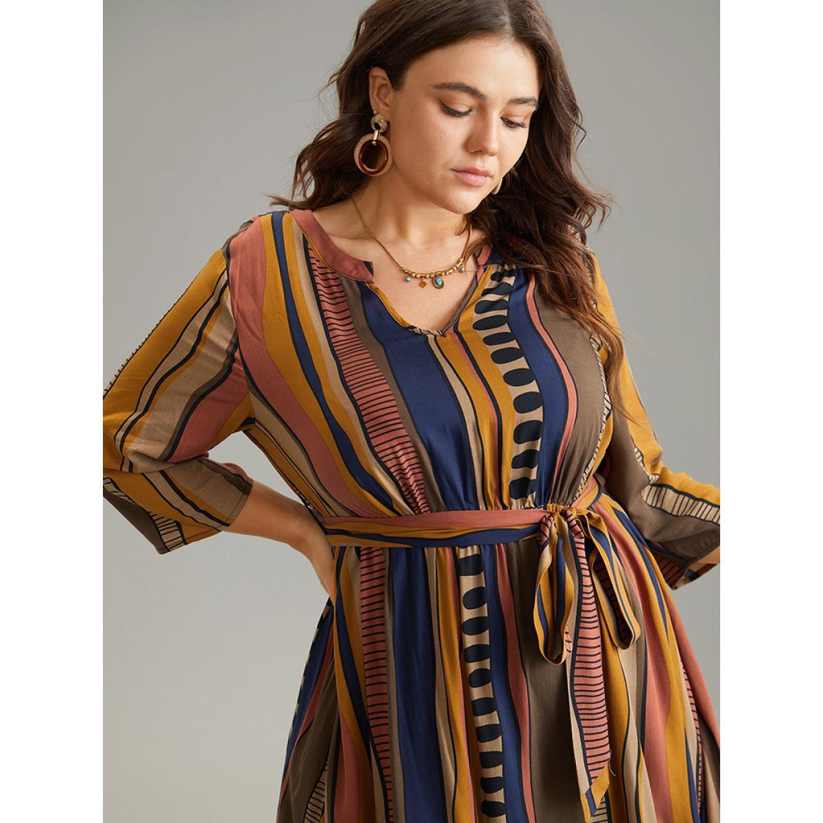 Plus Size Cotton Striped Colorblock Belted Notched Dress Chocolate Women Vacation Belted Notched collar Elbow-length sleeve Curvy Midi Dress BloomChic 10/M Product Image