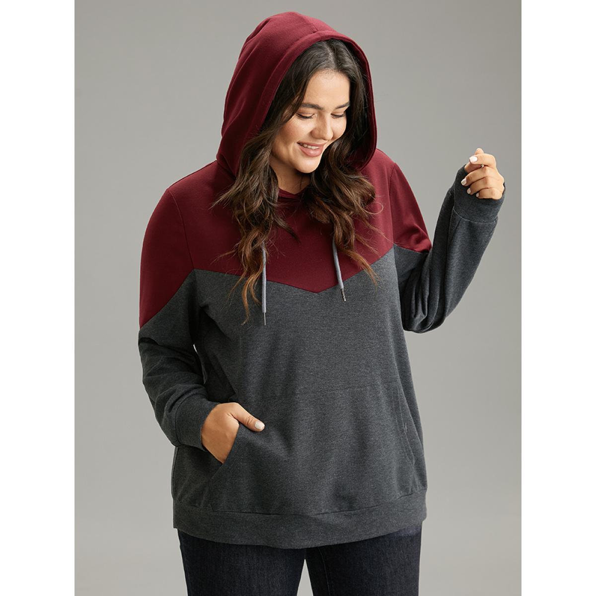 Plus Size Contrast Patchwork Hooded Pocket Drawstring Sweatshirt Women Burgundy Casual Contrast Hooded Dailywear Sweatshirts BloomChic 10/M Product Image