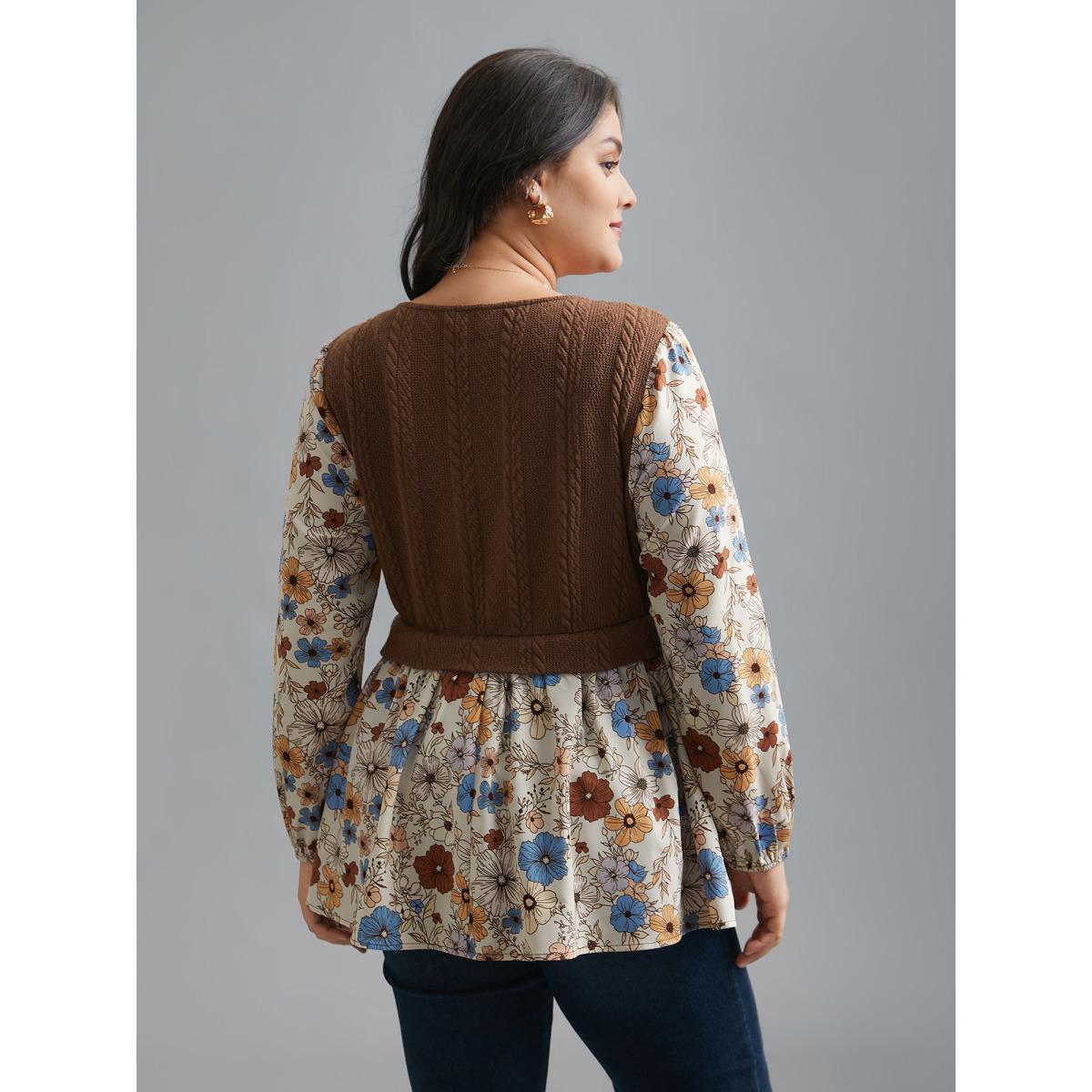 Plus Size Multicolor Mixed Texture Floral Combined Blouse Women Elegant Long Sleeve Round Neck Everyday Blouses BloomChic 26/4X Product Image