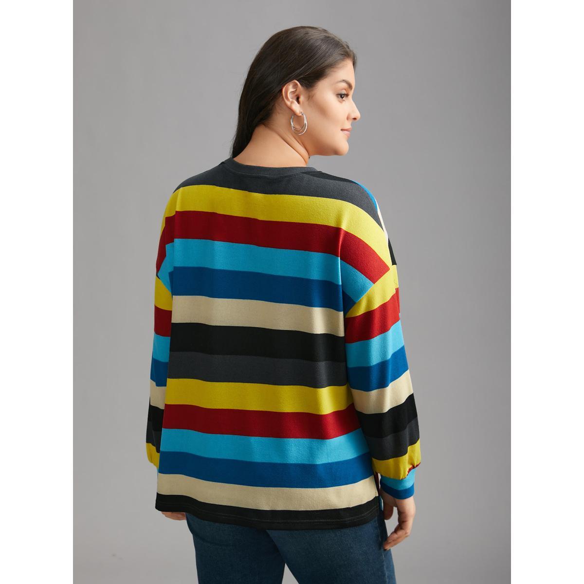 Plus Size Multi-Color Striped Stretchy Crew Neck T-shirt Multicolor Women Casual Contrast Round Neck Loose Everyday T-shirts BloomChic 26/4X Product Image