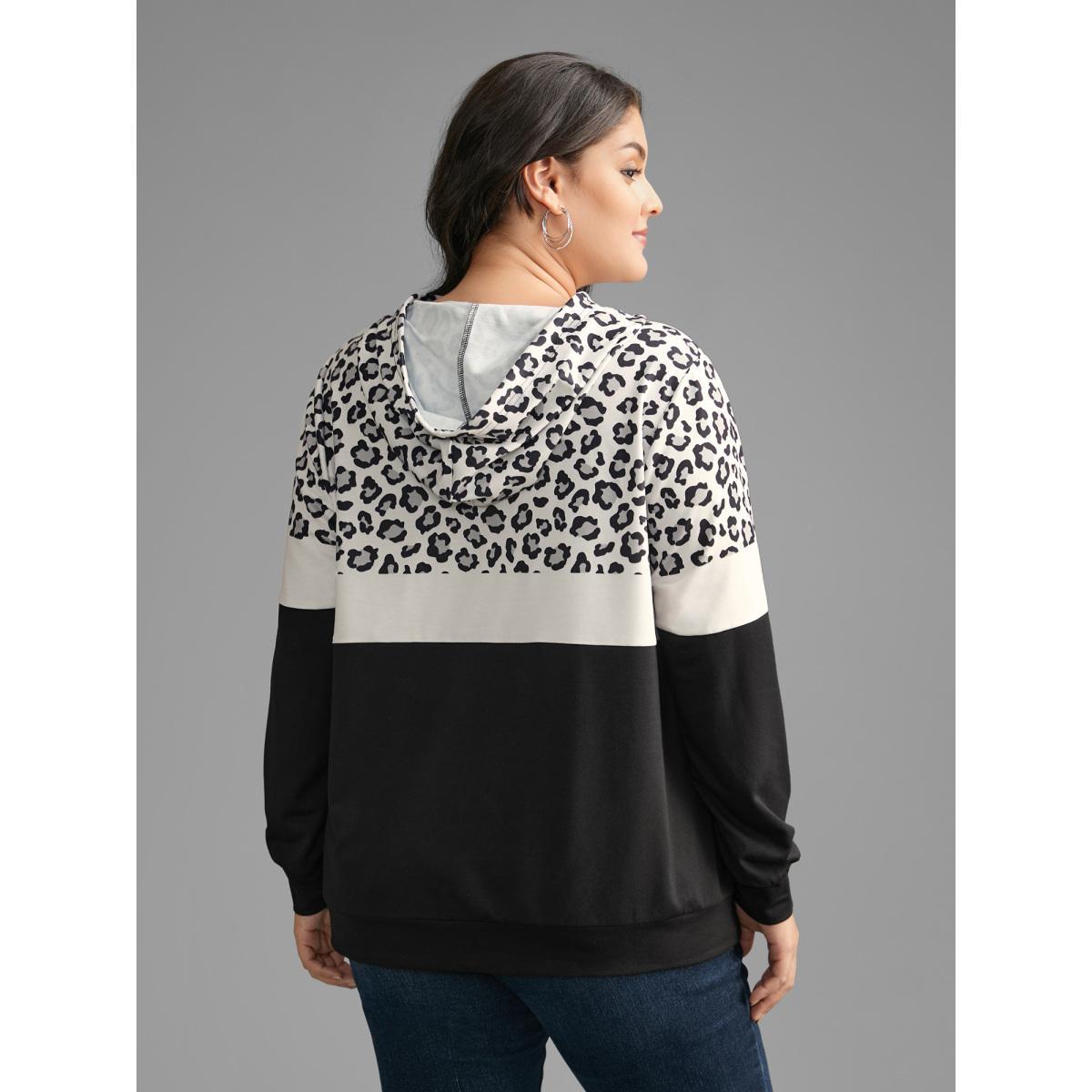 Plus Size Leopard Print Patchwork Contrast Drawstring Sweatshirt Women Black Casual Contrast Hooded Everyday Sweatshirts BloomChic 14-16/1X Product Image