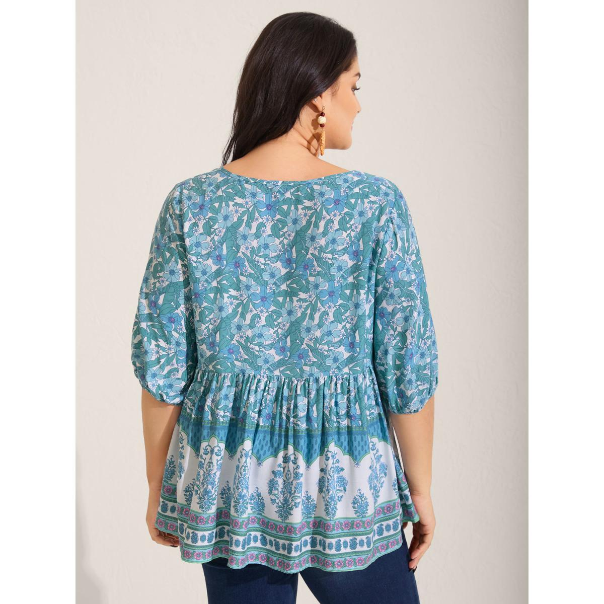 Plus Size Turquoise Boho Floral Print Color Contrast Blouse Women Elbow-length sleeve V-neck Vacation Blouses BloomChic 14-16/1X Product Image