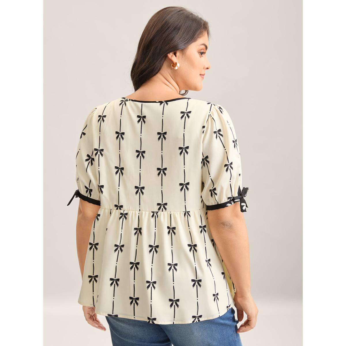 Plus Size Beige Bow Detail Printed Color Contrast Blouse Women Half Sleeve V-neck Everyday-Elegant Blouses BloomChic 12/L Product Image