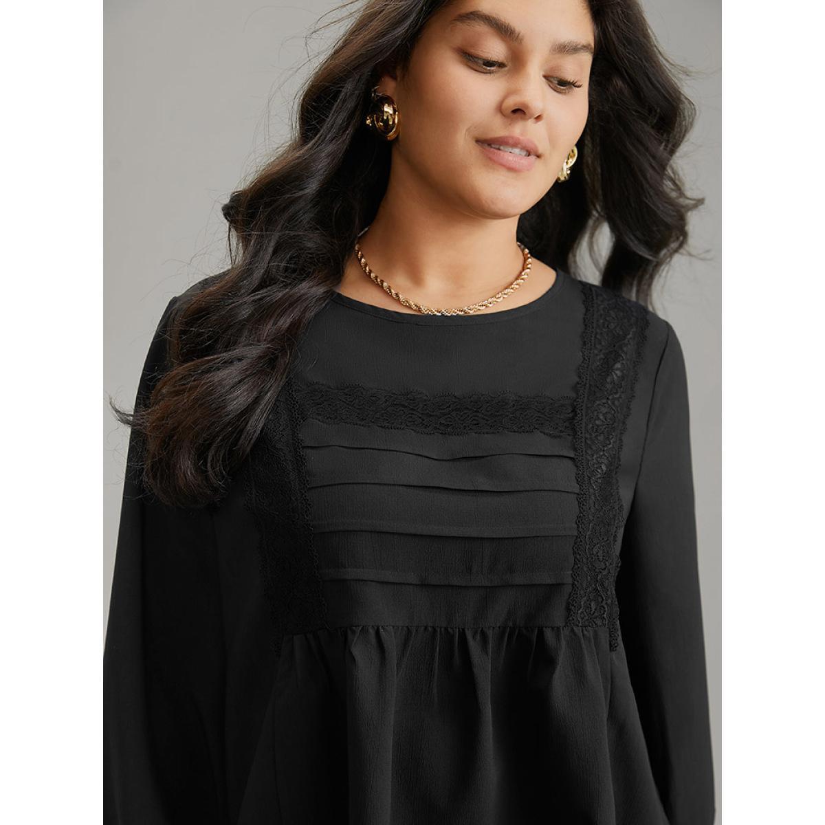 Plus Size Black Pleated Detail Contrast Lace Ruffle Blouse Women Elegant Long Sleeve Round Neck Dailywear Blouses BloomChic 12/L Product Image