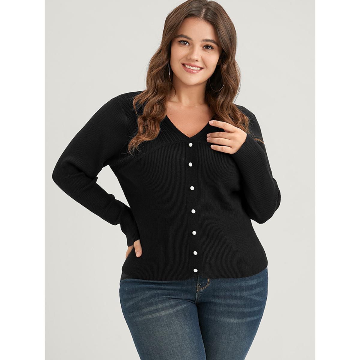 Plus Size Plain Rib Knit Button Front Knit Top Black Women Elegant Skinny Long Sleeve V-neck Dailywear Pullovers BloomChic 26/4X Product Image