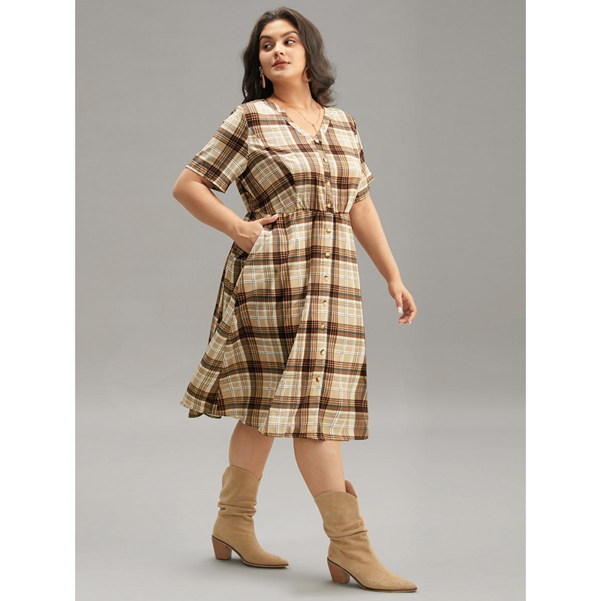 Plus Size Plaid Pocket V Neck Button Detail Dress Tan Women Casual Button V-neck Short sleeve Curvy Midi Dress BloomChic 14-16/1X Product Image