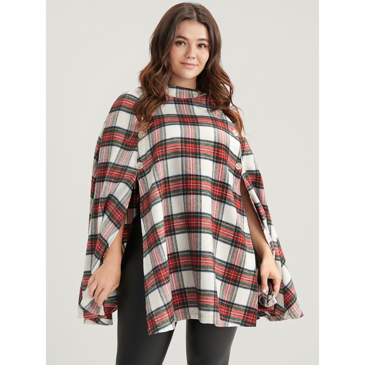 Plus Size Tartan Button Side Cape Coat Without Hat Women Apricot Elegant Button Loose Ladies Dailywear Winter Coats BloomChic 28/5X Product Image