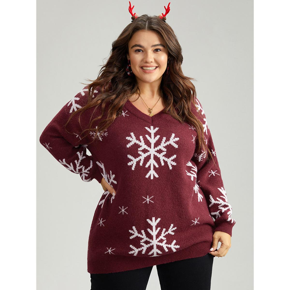 Plus Size Anti-Pilling Snowflake Print Pullover Scarlet Women Casual Loose Long Sleeve V-neck Dailywear Pullovers BloomChic 28/5X Product Image
