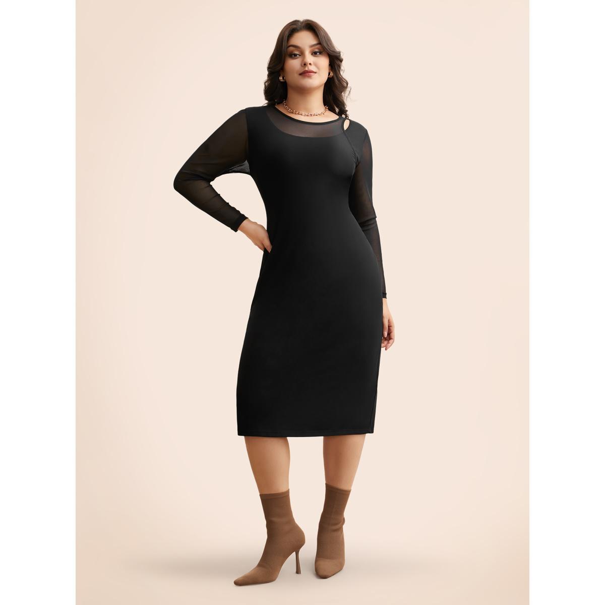 Plus Size Crew Neck Patchwork Mesh Split Hem Dress Black Women Elegant See through Round Neck Long Sleeve Curvy BloomChic 28/5X Product Image