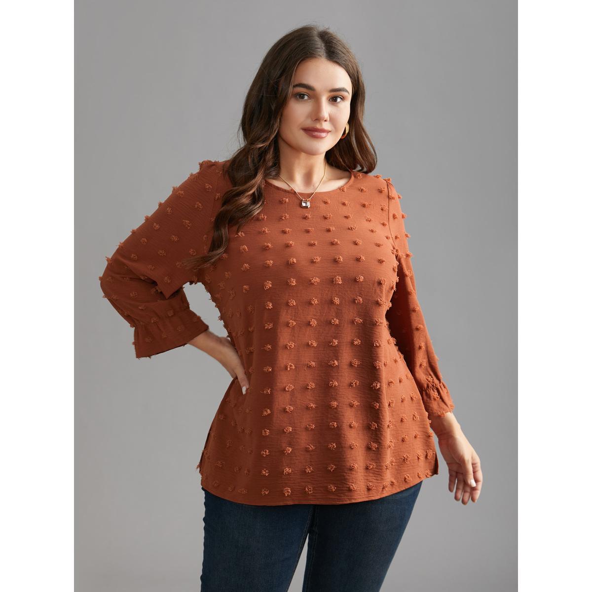 Plus Size Yellowishbrown Textured Balloon Sleeves Round Neck Blouse Women Elegant Elbow-length sleeve Round Neck Everyday Blouses BloomChic 10/M Product Image