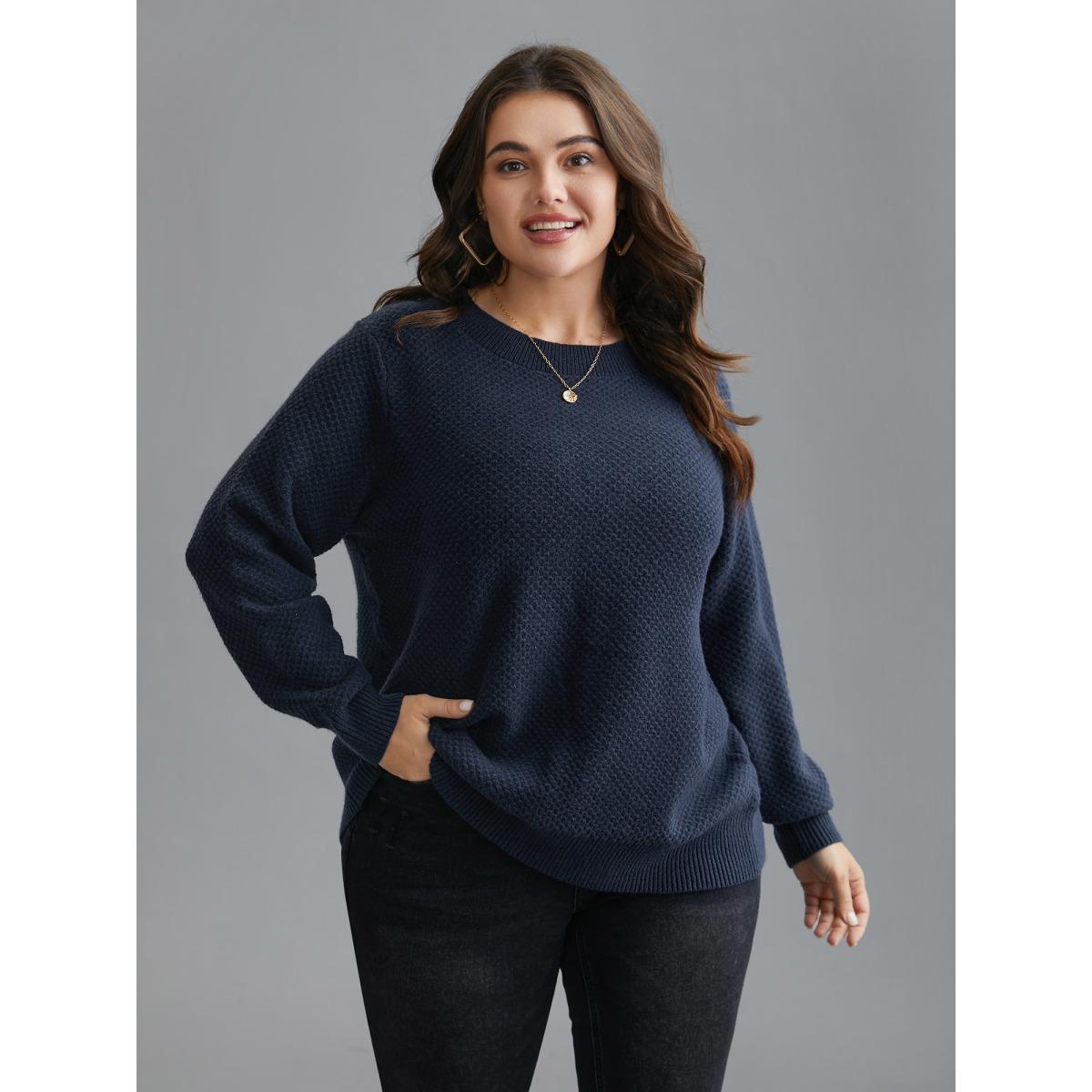 Plus Size Supersoft Essentials Textured Back Slit Pullover Indigo Women Casual Loose Long Sleeve Round Neck Everyday Pullovers BloomChic 18-20/2X Product Image