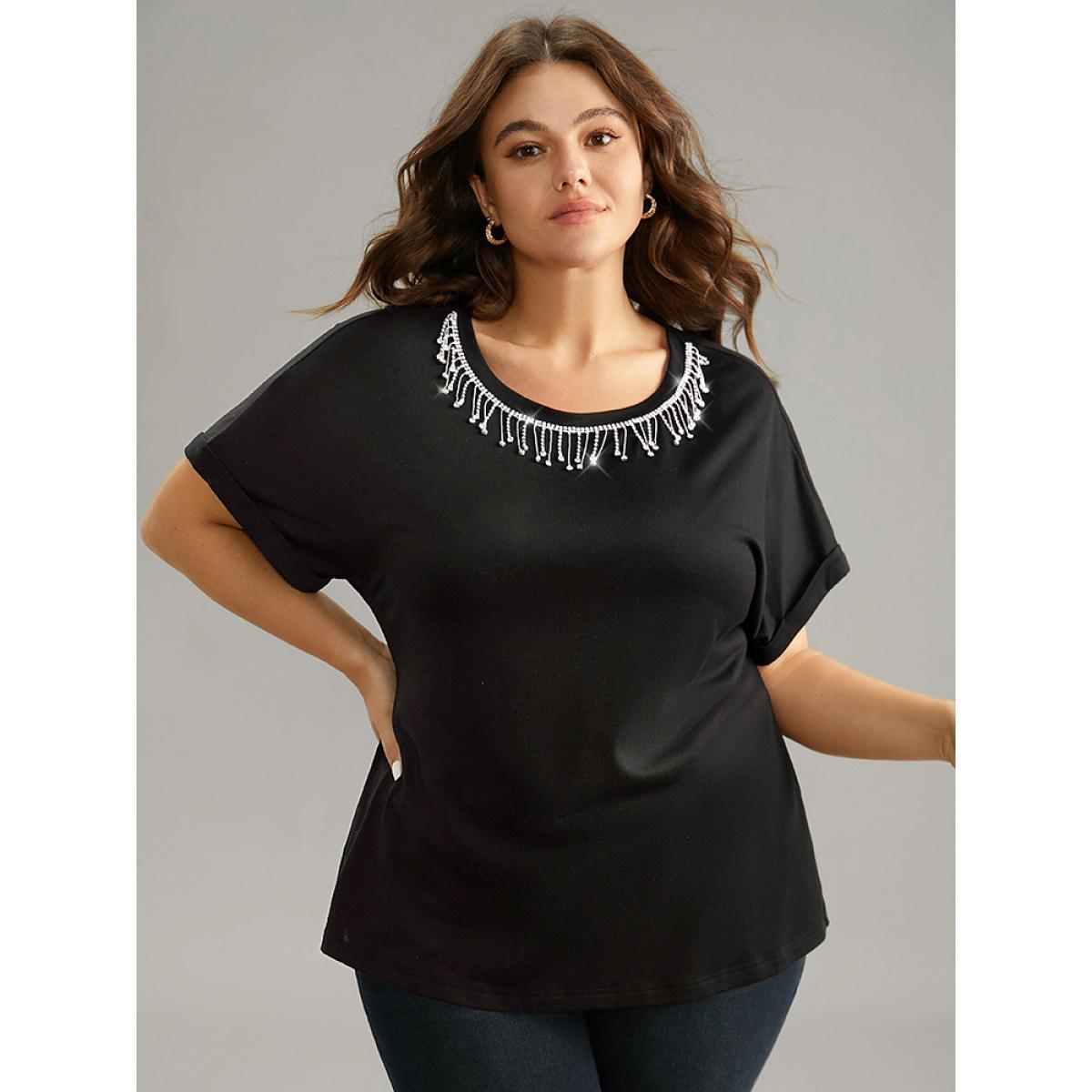 Plus Size Metal Tassel Detail Crew Neck T-shirt Black Women Elegant Tassels Plain Round Neck Dailywear T-shirts BloomChic 14-16/1X Product Image