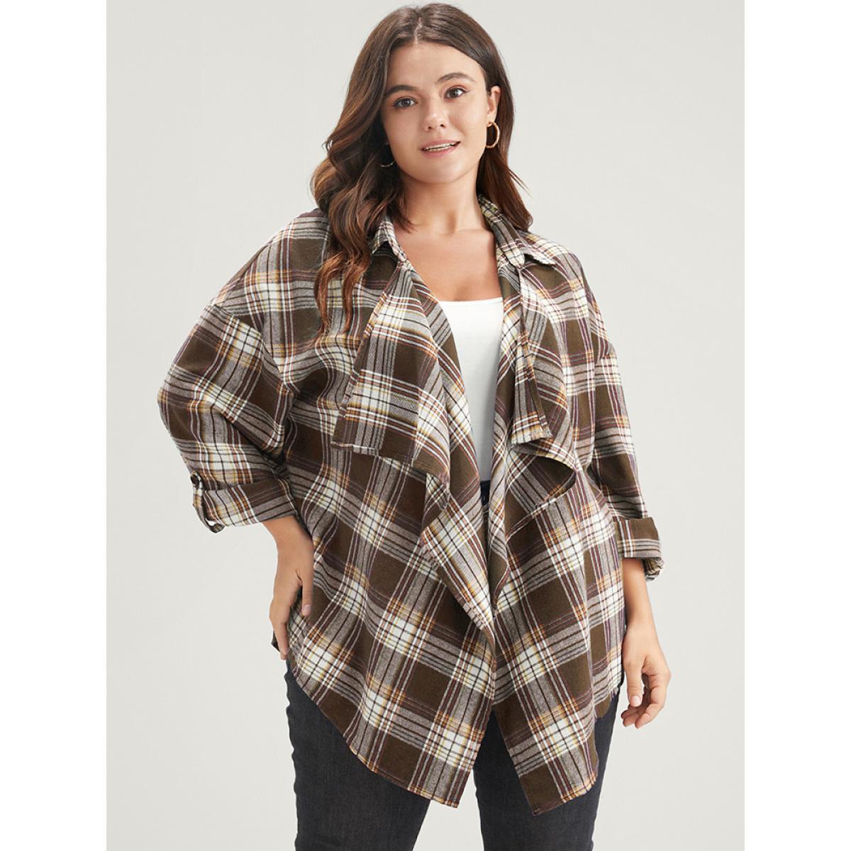 Plus Size Plaid Cuffed Sleeve Asymmetrical Waterfall Collar Coat Women DarkBrown Elegant Asymmetrical Ladies Dailywear Winter Coats BloomChic 30/6X Product Image