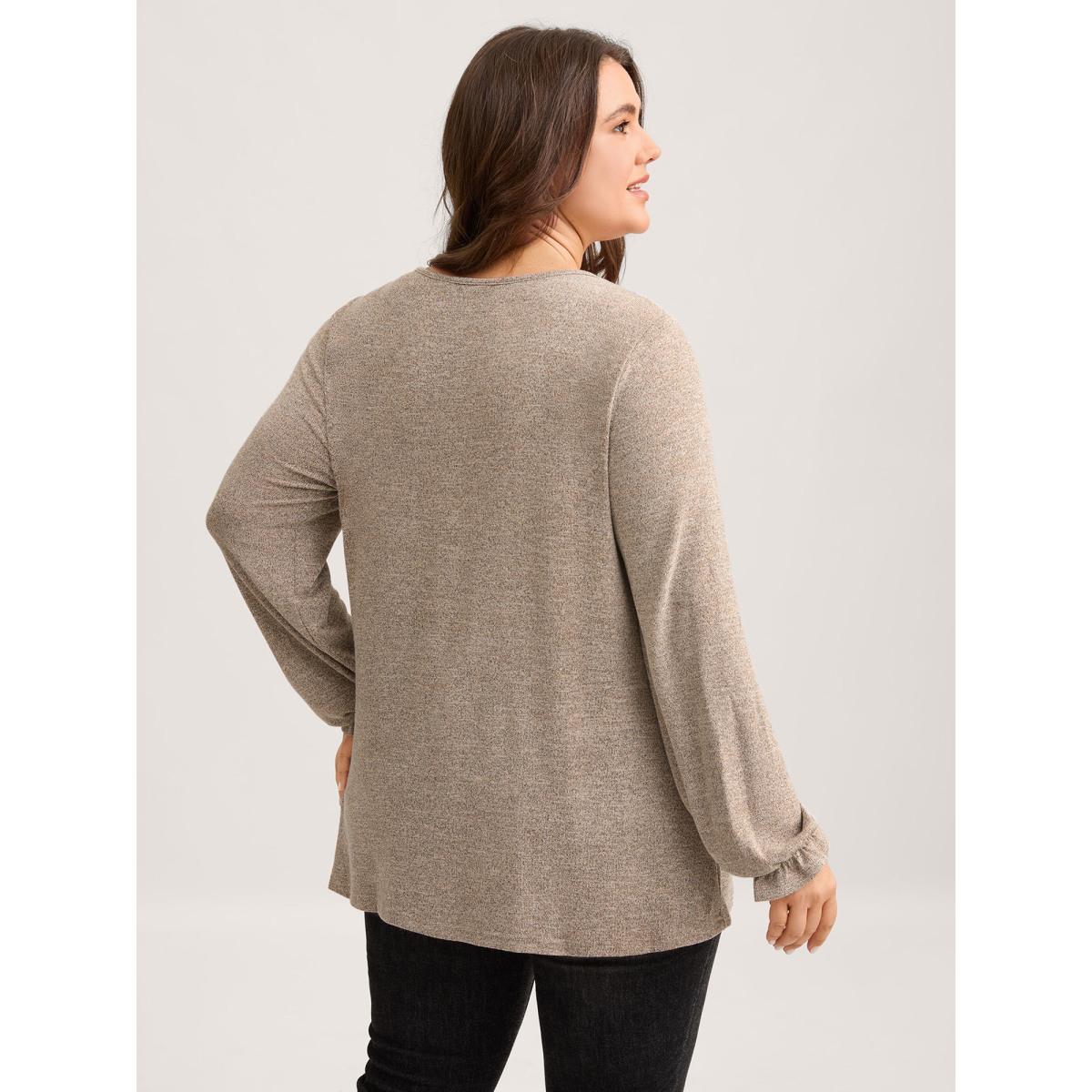Plus Size Round Neck Heather Pleated T-shirt LightBrown Women Elegant Pleated Round Neck Loose Everyday T-shirts BloomChic 12/L Product Image