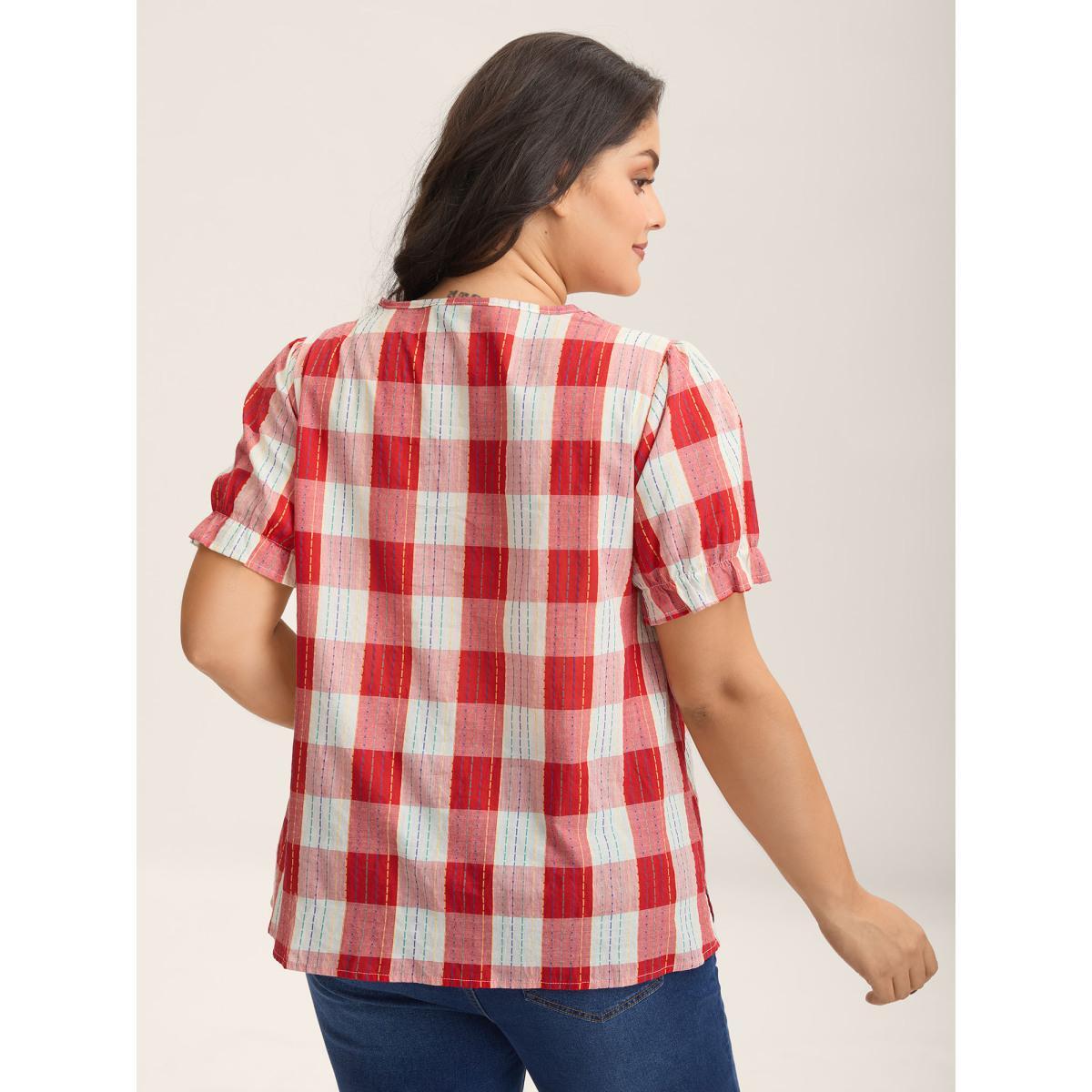 Plus Size Multicolor Cotton Plaid Print V-Neck Puffy Sleeve Blouse Women Short sleeve V-neck Everyday-Casual Blouses BloomChic 18-20/2X Product Image