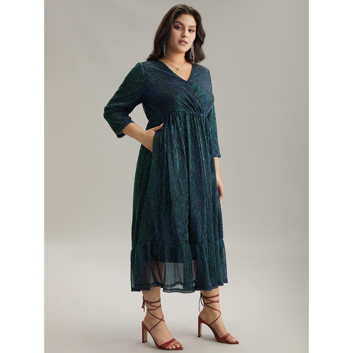 Plus Size Luxe Mesh Pleated Elastic Waist Wrap Dress DarkGreen Women Party Texture Overlap Collar Elbow-length sleeve Curvy Midi Dress BloomChic 18-20/2X Product Image