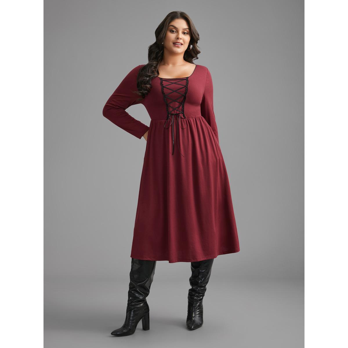 Plus Size Square Neck Lace Panel Lace Up Dress Burgundy Women Elegant Woven ribbon&lace trim Square Neck Long Sleeve Curvy BloomChic 18-20/2X Product Image