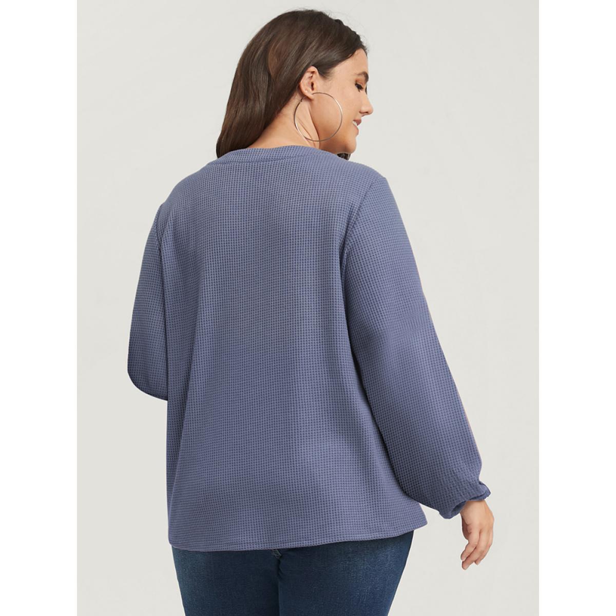 Plus Size Solid Lantern Sleeve Button V Neck Waffle Knit Long Tee Stone Women Casual Button Plain V-neck Dailywear T-shirts BloomChic 14-16/1X Product Image