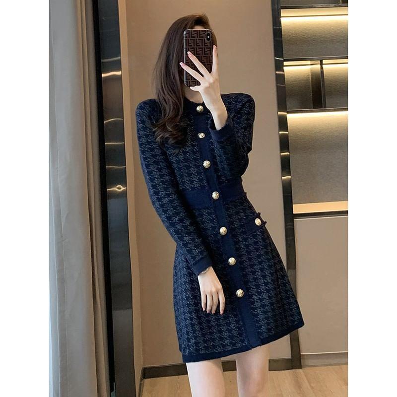 Long-Sleeve Crew Neck Houndstooth Button Mini A-Line Knit Dress Product Image