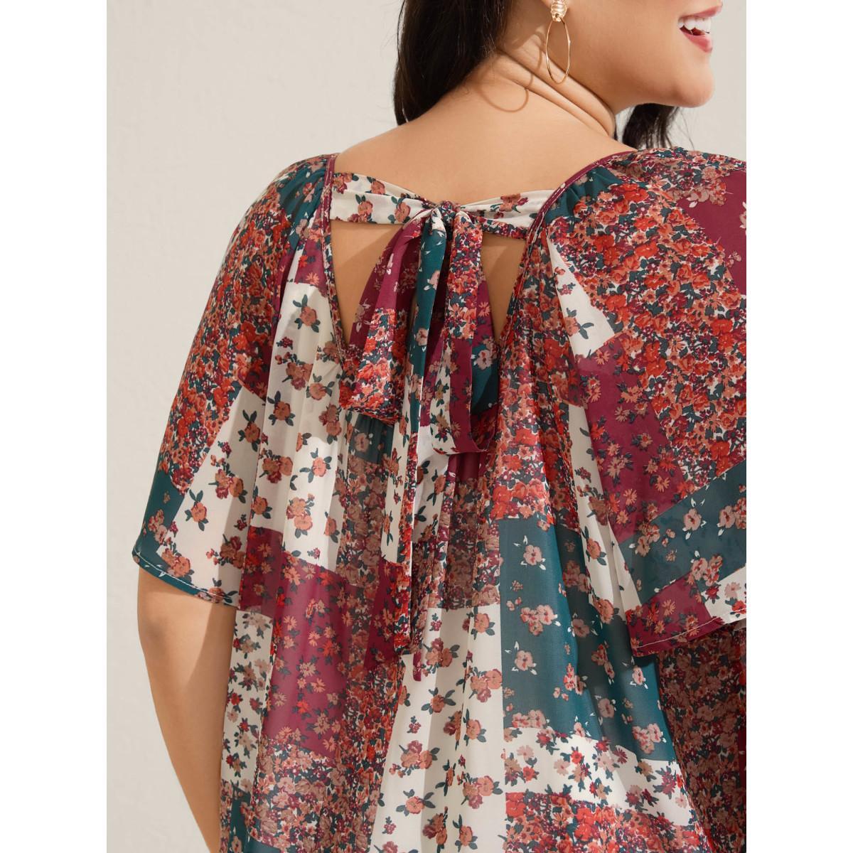 Plus Size Multicolor Boho Collage Print Backless Tie Blouse Women Short sleeve Round Neck Vacation Blouses BloomChic 22-24/3X Product Image