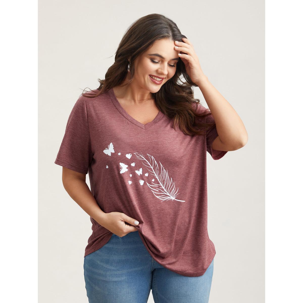 Plus Size Feather Print V-Neck Fitted T-Shirt Scarlet Women Casual Non Butterfly V-neck Everyday T-shirts BloomChic 22-24/3X Product Image