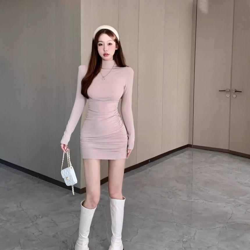 Long Sleeve Mock Neck Plain Ruched Bodycon Mini Dress Product Image