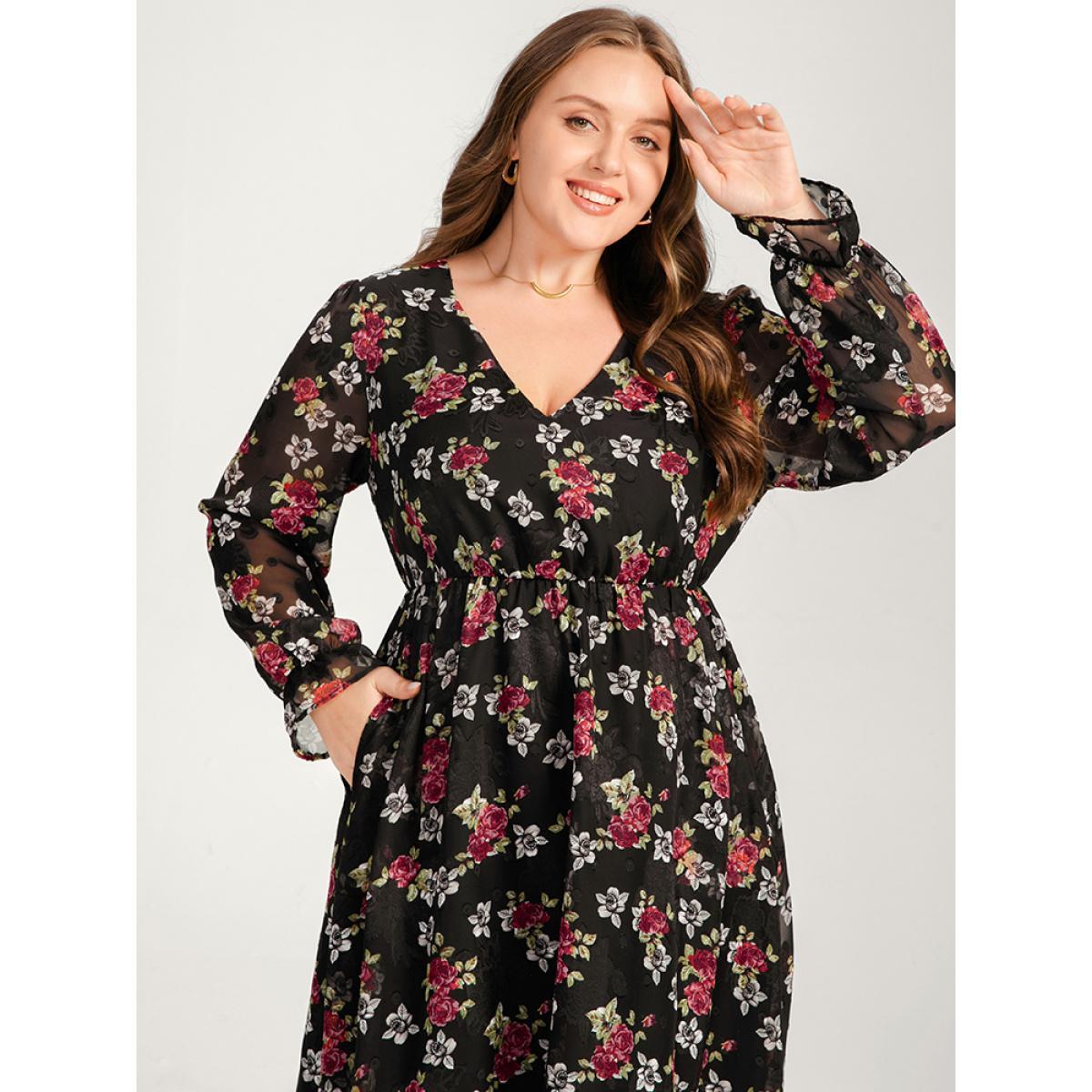 Plus Size Floral Mesh Lantern Sleeve Pocket Flutter Dress Black Women Dating V-neck Long Sleeve Curvy Midi Dress BloomChic 30/6X Product Image