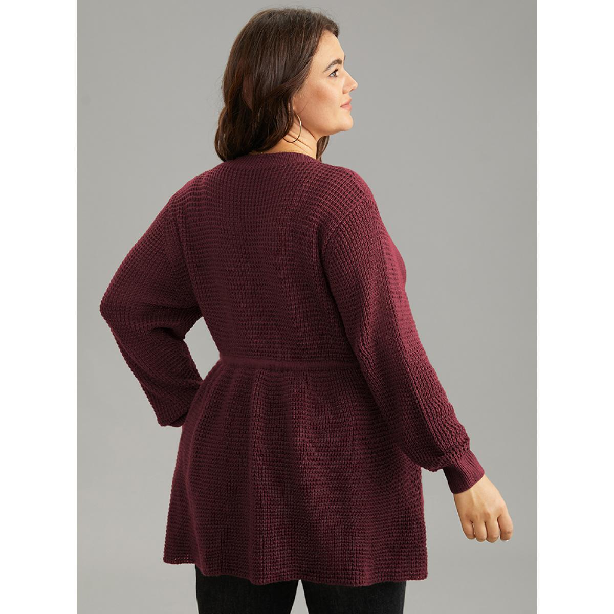 Plus Size Solid Drawstring Curved Hem Knit Pullover Burgundy Women Casual Long Sleeve V-neck Everyday Pullovers BloomChic 14-16/1X Product Image