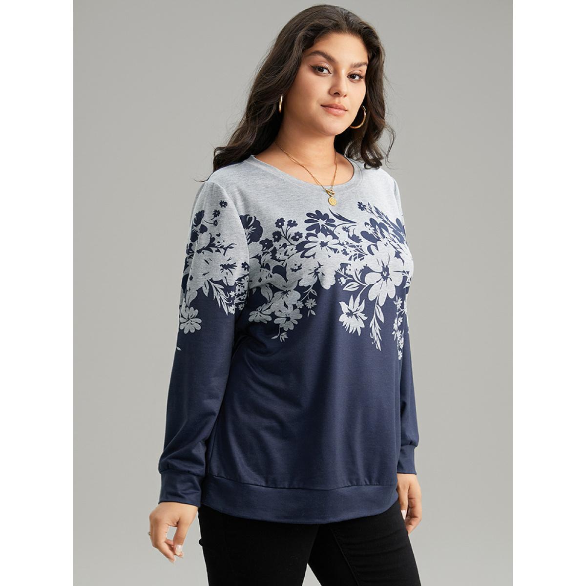 Plus Size Silhouette Floral Print Contrast Round Neck Sweatshirt Women Indigo Casual Contrast Round Neck Dailywear Sweatshirts BloomChic 30/6X Product Image