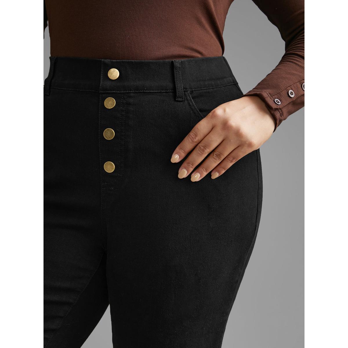 Plus Size Black Wash Buckle Detail Bootcut Jeans Women Denimblack Elegant Button Medium stretch Slanted pocket Jeans BloomChic 14/1X Product Image