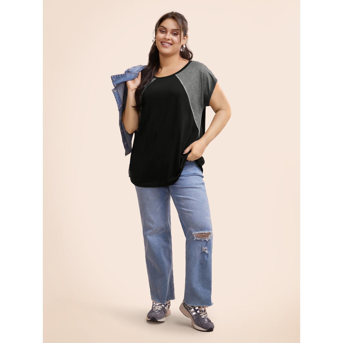 Plus Size Color Block Contrast Binding Batwing Sleeve T-shirt Black Women Casual Contrast Colorblock Round Neck Everyday T-shirts BloomChic 14-16/1X Product Image