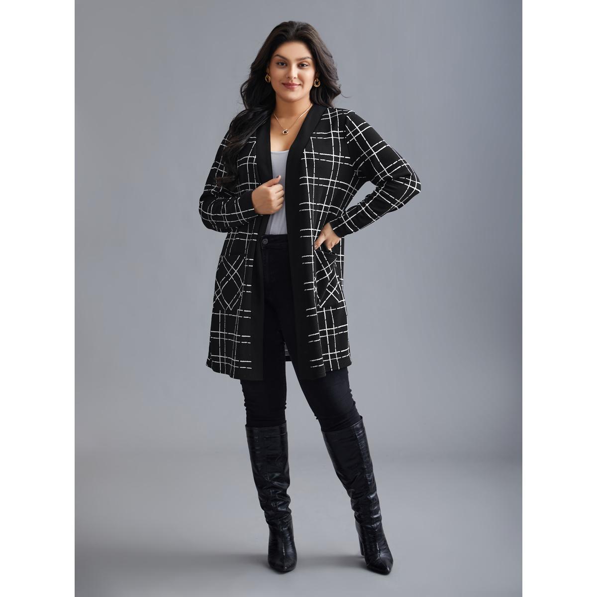 Plus Size Plaid Open Front Patchwork Jacket Women Black Contrast Loose Patch pocket Everyday Jackets BloomChic 10/M Product Image