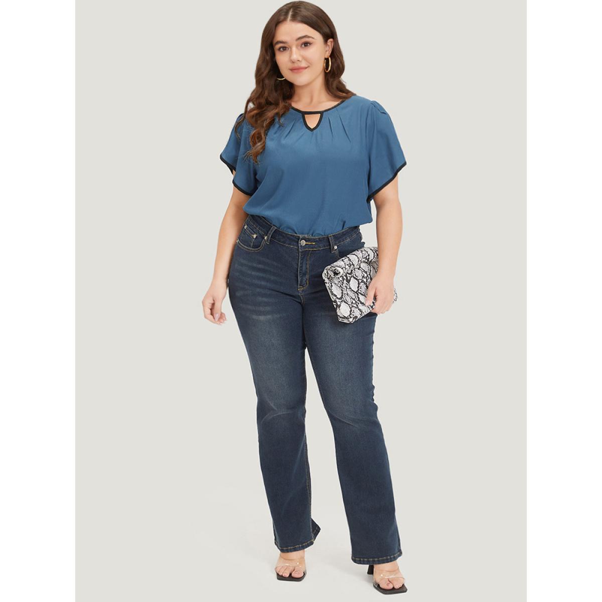 Plus Size Aegean Plicated Detail Contrast Trim Keyhole Flutter Petal Sleeve Blouse Women Office Short sleeve Keyhole Cut-Out Work Blouses BloomChic 28/5X Product Image