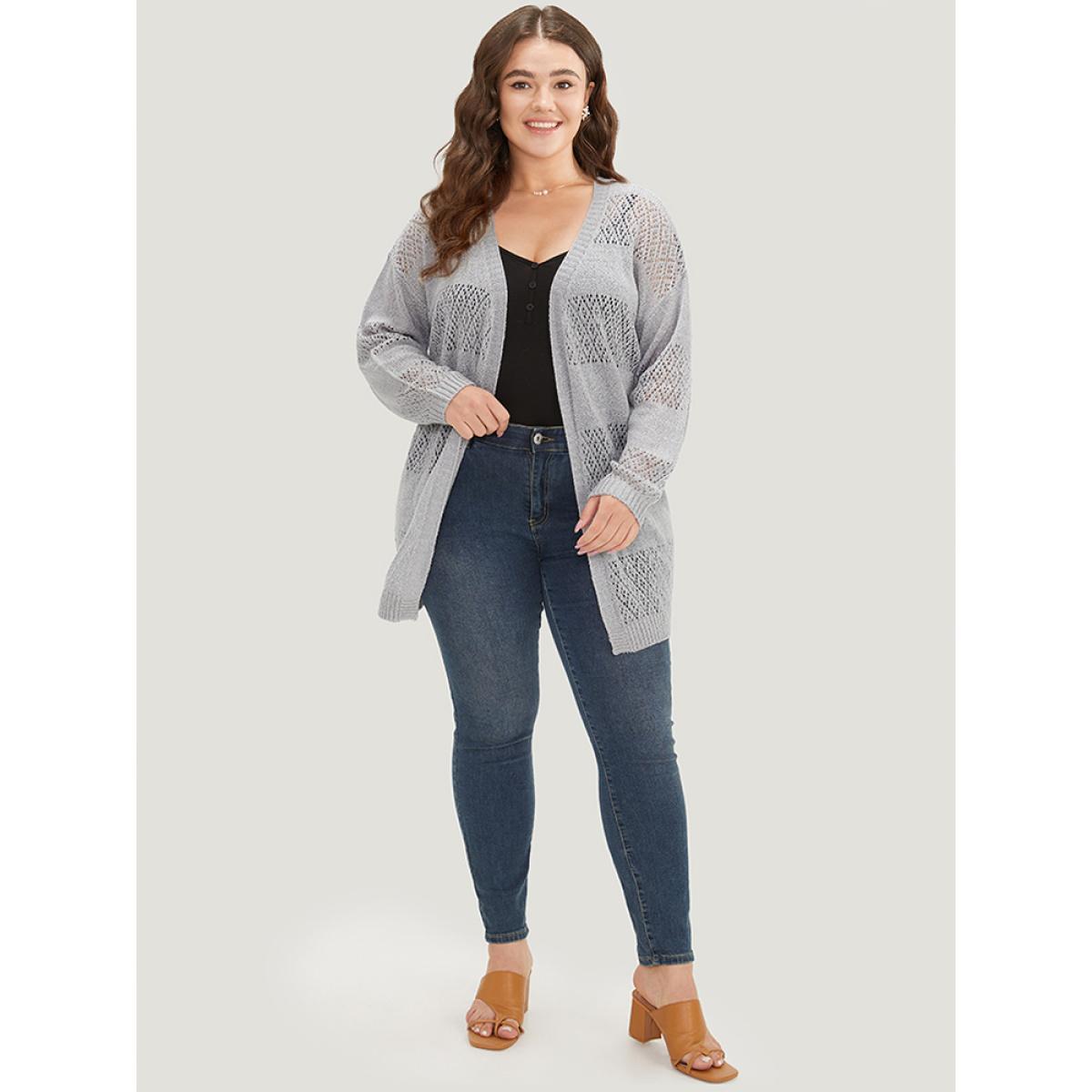 Plus Size Plain Geometric Eyelet Open Front Cardigan DarkGray Women Basics Loose Long Sleeve Everyday Cardigans BloomChic 30/6X Product Image