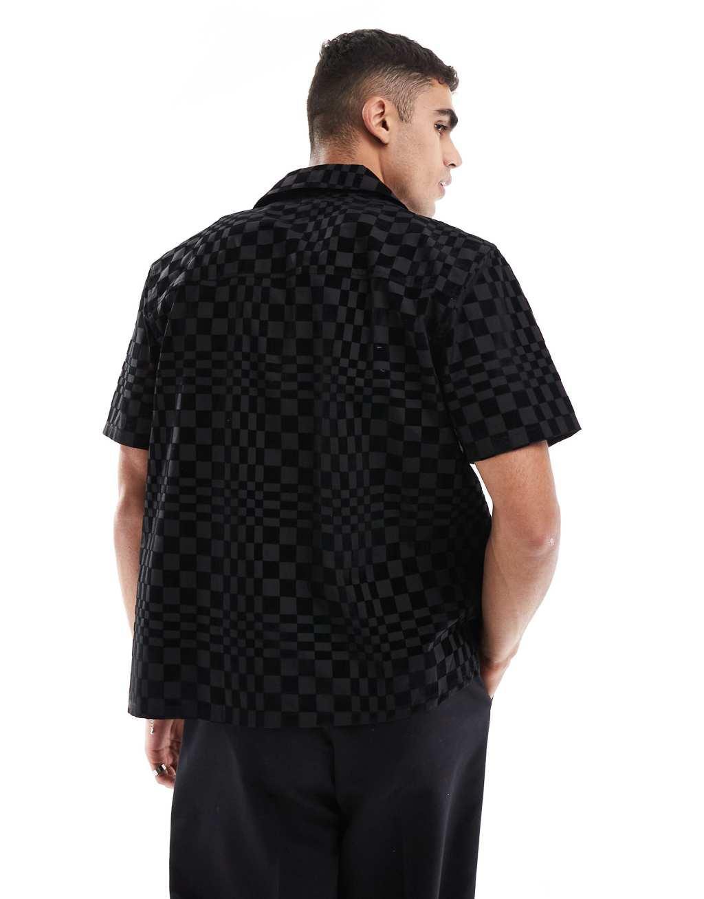 Twisted Tailor checkerboard short sleeve shirt in black Product Image