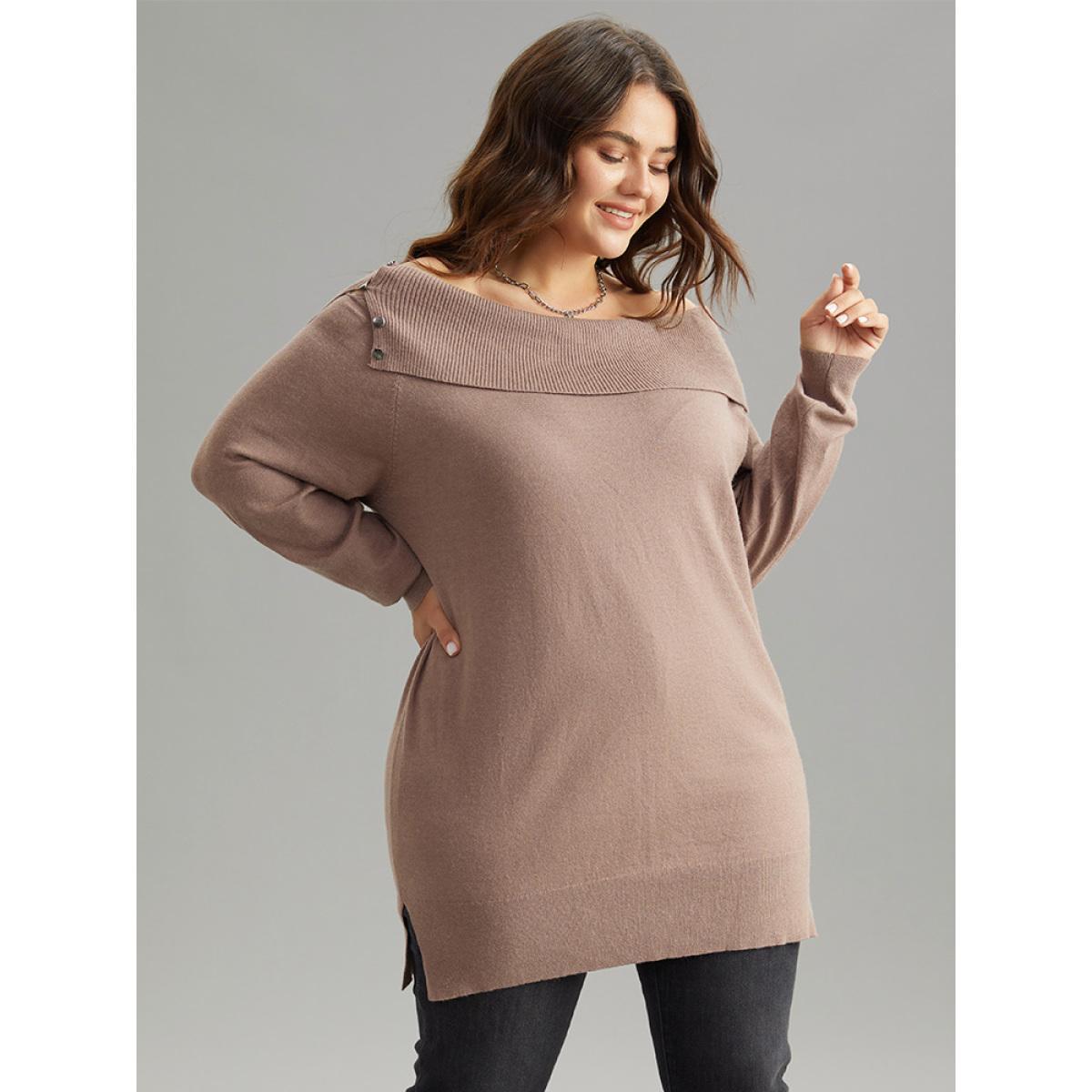 Plus Size Supersoft Essentials Anti-Pilling Off Shoulder Pullover Tan Women Casual Bodycon Long Sleeve One-shoulder neck Dailywear Pullovers BloomChic 30/6X Product Image