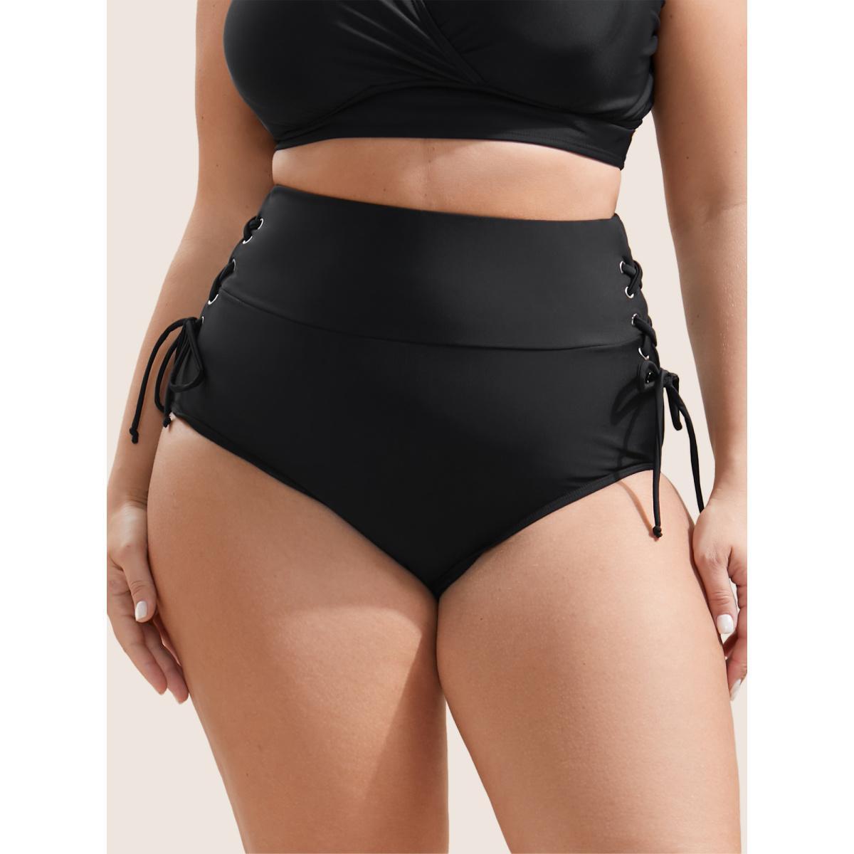 Plus Size Plain Lace Up Side Skinny Swim Bottom Women's Swimwear Black Beach Non High stretch Skinny High Rise Curve Swim Bottoms BloomChic 26/4X Product Image