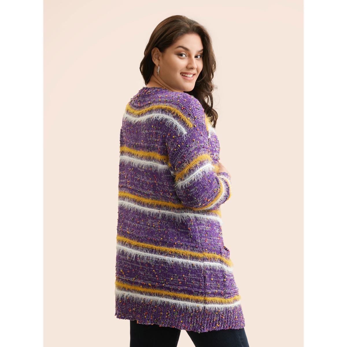 Plus Size Striped Contrast Texture Fluffy Cardigan Deeppurplered Women Casual Loose Long Sleeve Everyday Cardigans BloomChic 12/L Product Image