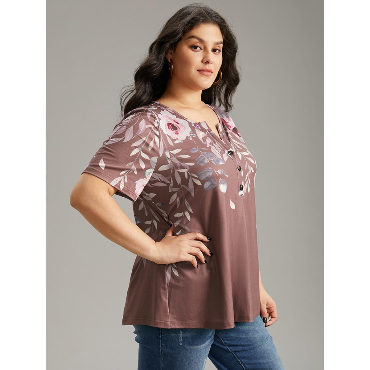 Plus Size Floral Print Notched Button Up T-shirt Multicolor Women Casual Printed Floral Open Front Dailywear T-shirts BloomChic 26/4X Product Image