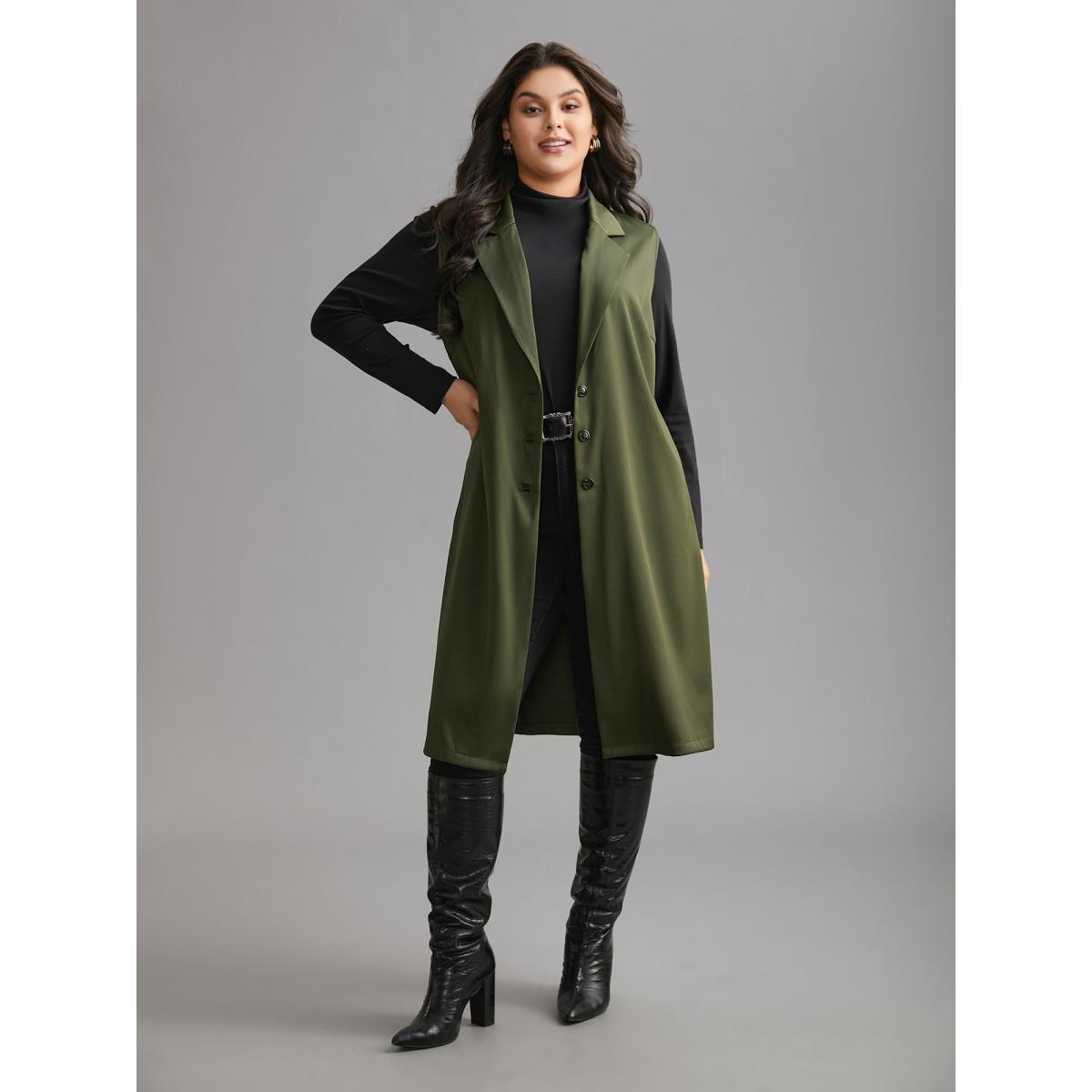 Plus Size Solid Lapel Collar Pockets Coat Women ArmyGreen Elegant Button Loose Ladies Everyday Winter Coats BloomChic 30/6X Product Image