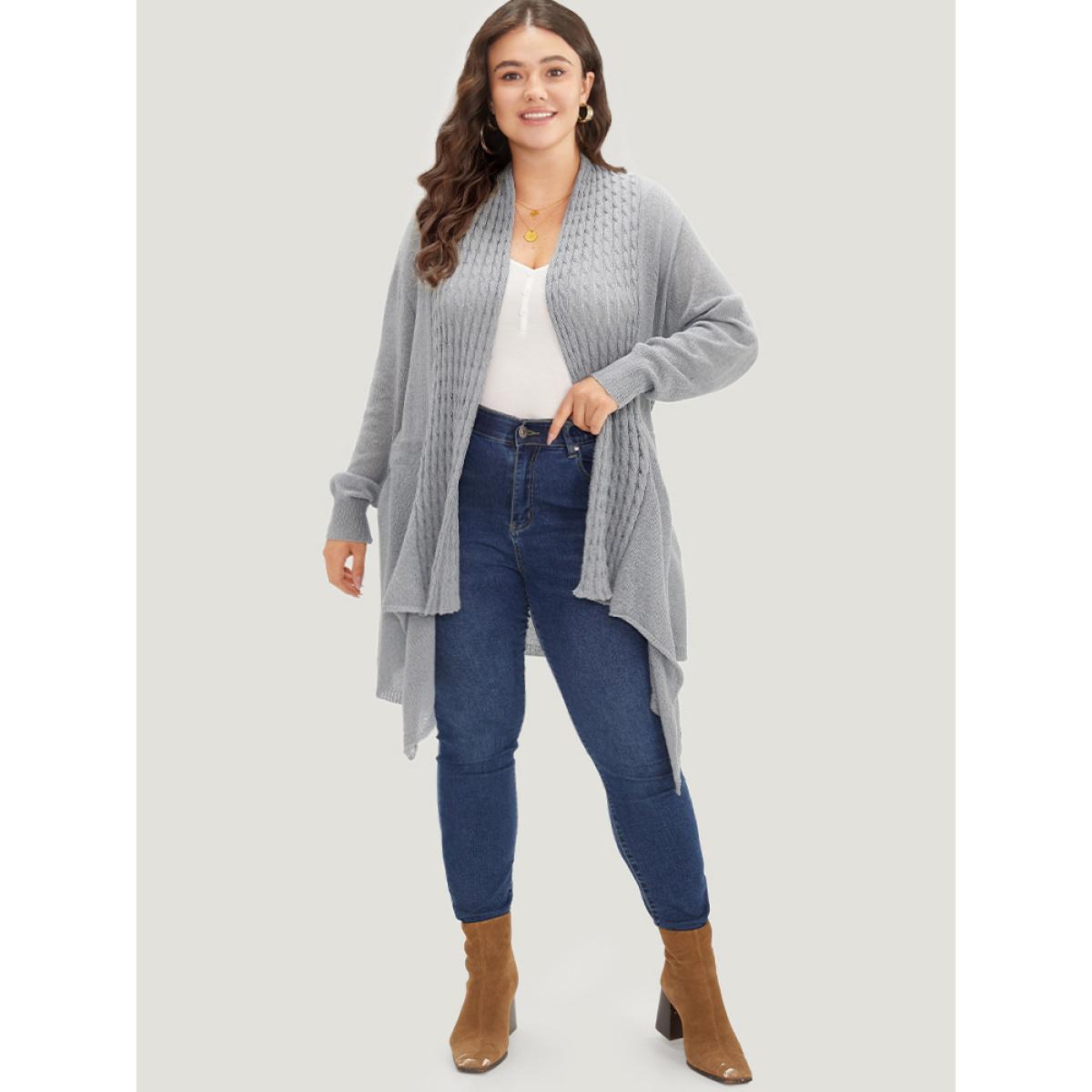 Plus Size Cable Knit Open Front Asymmetrical Hem Cardigan DarkGray Women Casual Loose Long Sleeve Dailywear Cardigans BloomChic 12/L Product Image